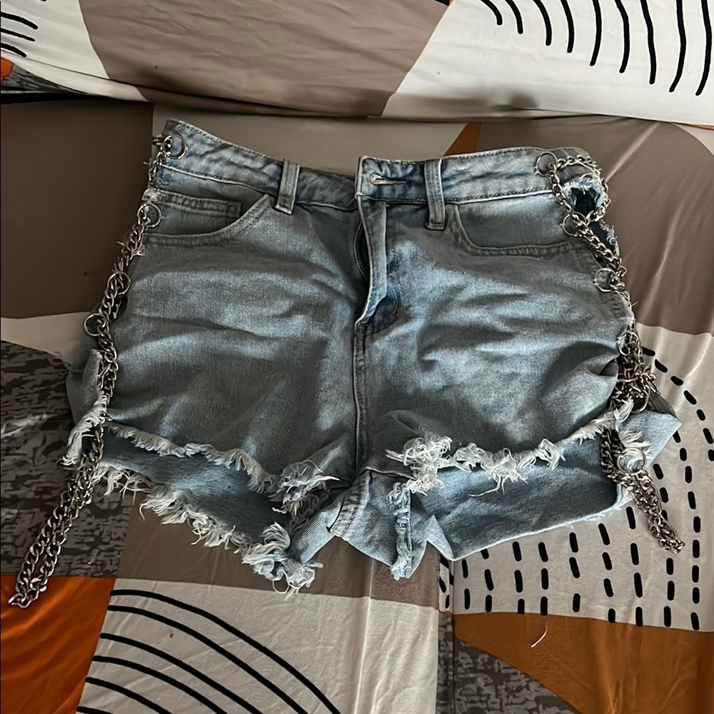 Edgy Chain-Embellished Denim Shorts